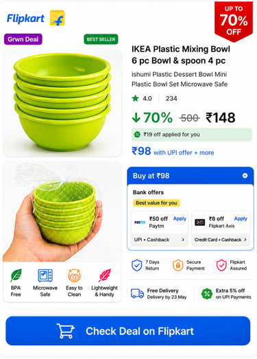 Green IKEA plastic mixing bowl set of 6 microwave safe dessert bowls on Flipkart.