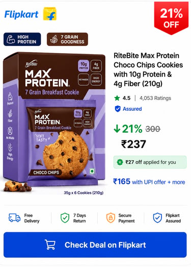 RiteBite Max Protein Choco Chips Cookies with 10g high protein and 7 grain goodness.