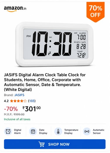 White JASIFS digital alarm clock with LCD display showing time, date, and temperature for home and office.