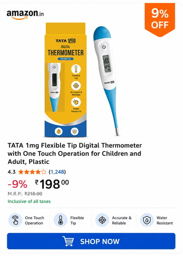 Tata 1mg digital thermometer with flexible tip and water resistant design for accurate fever tracking.