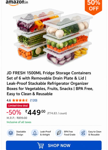 Set of 6 stackable fridge storage containers filled with fresh vegetables for kitchen organization.