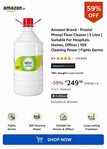 Amazon Brand Presto Phenyl Floor Cleaner 5 Litre bottle with 10X cleaning power for homes and offices.