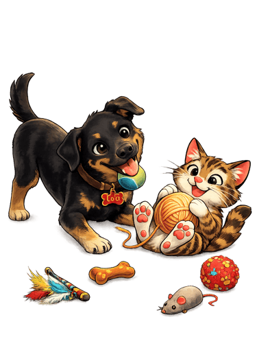 Loki and cat playing with toys, repair and reuse, don't throw away