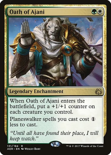 Oath of Ajani Magic the Gathering trading card featuring the leonin planeswalker Ajani Goldmane.