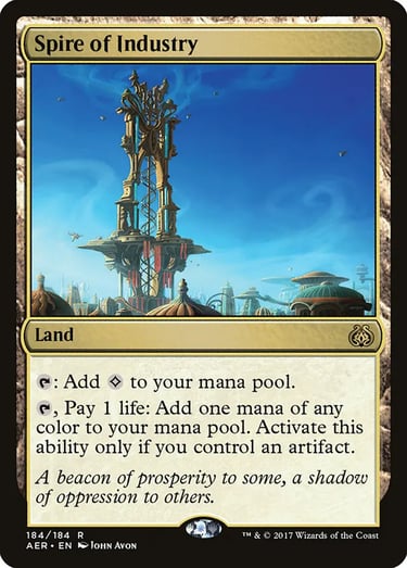 Spire of Industry Magic: The Gathering card featuring a tall brass tower overlooking a fantasy city.