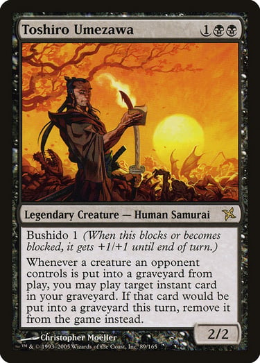Magic: The Gathering Toshiro Umezawa legendary human samurai card with sunset background art.