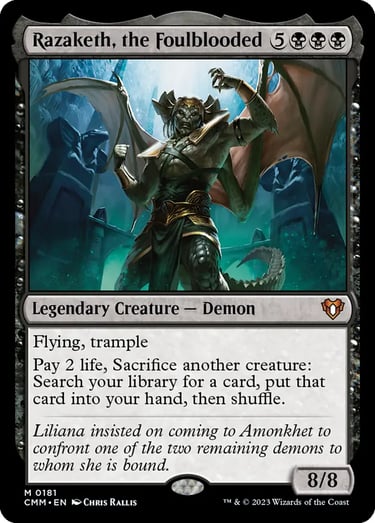 Razaketh, the Foulblooded Magic: The Gathering card featuring a powerful demon with wings and horns.