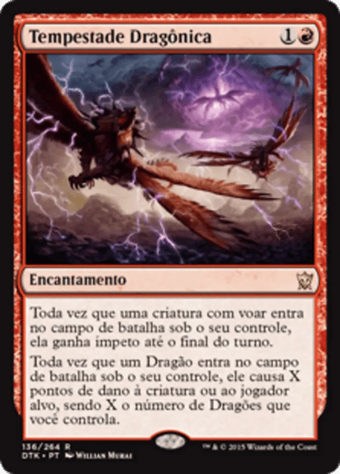 Dragon Tempest Magic the Gathering card in Portuguese featuring flying dragons and purple lightning bolts.