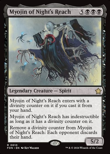 Magic: The Gathering card for Myojin of Night's Reach, a legendary black spirit creature from Foundations.
