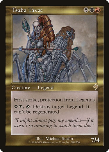 Tsabo Tavoc legendary creature card from Magic: The Gathering with mechanical spider legs and staff.