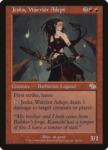 Jeska, Warrior Adept Magic: The Gathering card featuring a barbarian warrior with a bladed staff.