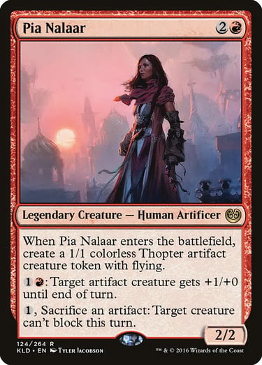 Pia Nalaar Magic: The Gathering card featuring a legendary human artificer in a sunset landscape.