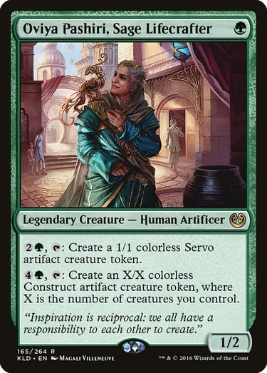 Oviya Pashiri, Sage Lifecrafter green Magic: The Gathering card featuring a female human artificer.