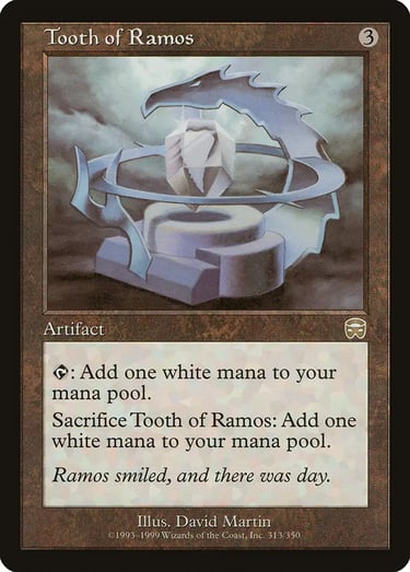 Tooth of Ramos Magic the Gathering card featuring a white mana artifact crystal in a metal frame.