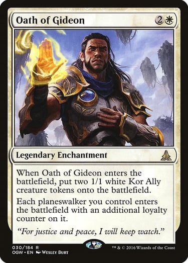 Oath of Gideon Magic: The Gathering card featuring planeswalker Gideon Jura in gold armor with a glowing hand.