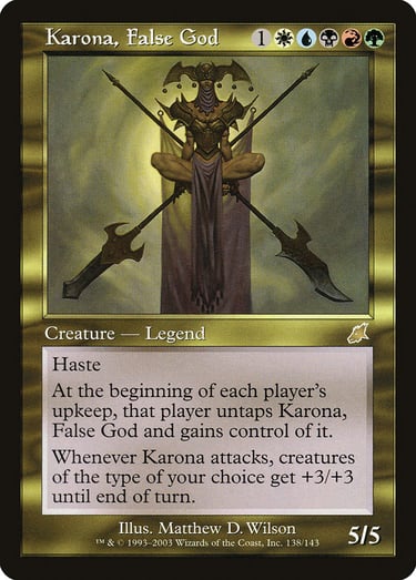 Magic: The Gathering card for Karona, False God featuring a gold border and artwork of a floating deity.