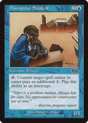 Magic: The Gathering Disruptive Student card featuring Teferi as a young wizard in a classroom.