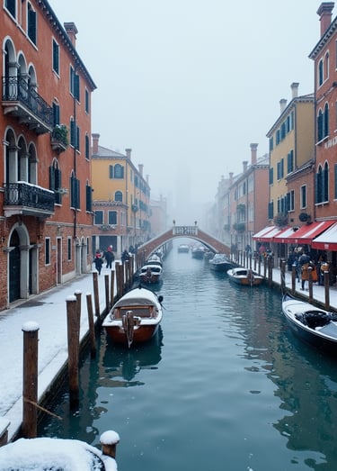 winter landscape in Venice: light snow over the shores and boats