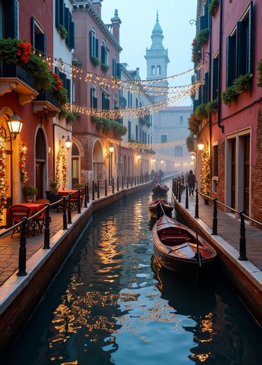 christmas decorations over the canals in Venice