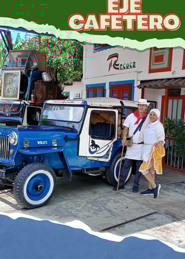 Pareja disfrutando de la visita a la finca Recuca en el Eje cafetero colombiano, junto a un vehículo