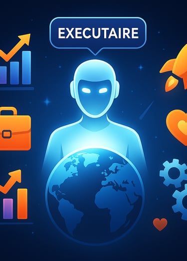 Promotional visual of AI Executaire, the multilingual AI business strategist offering automation and marketing solutions.