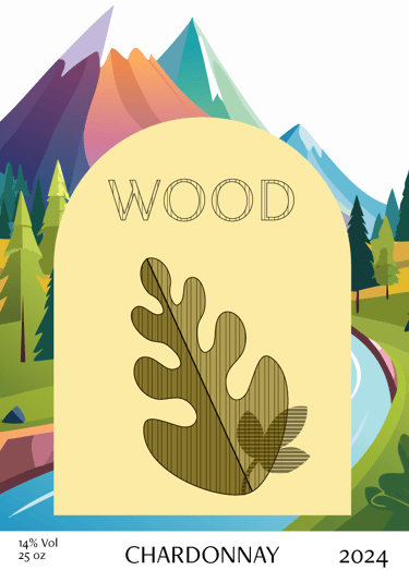 A wine bottle label with a colorful mountain scene, river and with a leaf design in the foreground