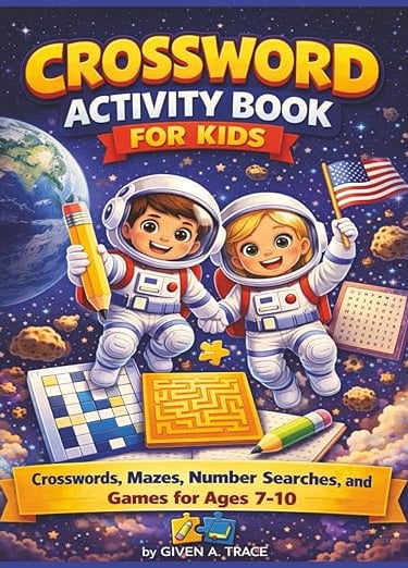 Crossword Activity Book for Kids book cover featuring crosswords, mazes, number searches, and games 
