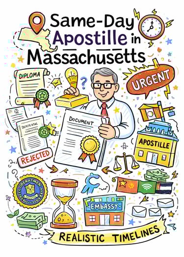 Illustration explaining same-day apostille process in Massachusetts