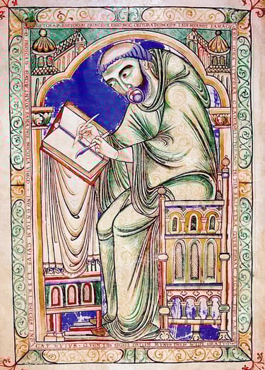 A scribe using a quill and penknife in a 12th century English psalter.