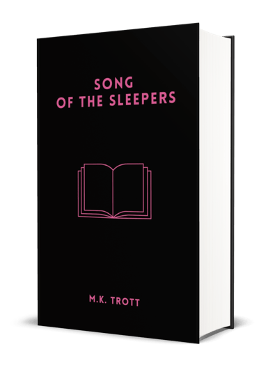 A black book cover featuring a bright pink line drawing of an open book