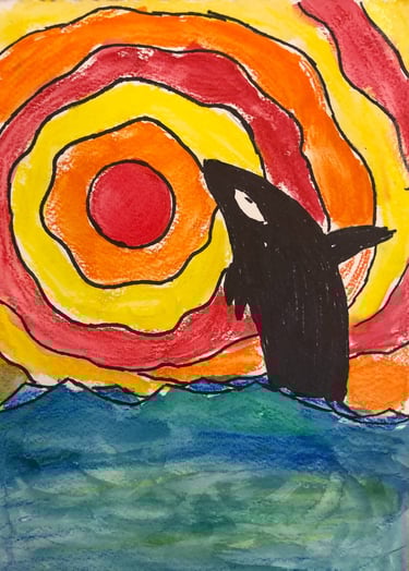 watecolor painting of an orca and the sun