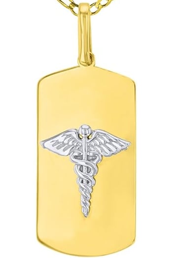 14K Two Tone Gold Caduceus Charm Medical Symbol Pendant on a Figaro Chain Necklaces