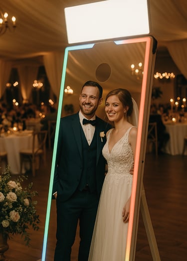 Ein Hochzeitspaar steht glücklich vor dem Fotospiegel, der exklusiven Fotobox in Stuttgart