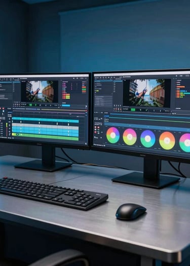A professional video editing suite in a modern studio. Two high-resolution monitors display complex video timelines and color grading wheels. The room is dimly lit with slate ocean blue accents and soft arctic mist highlights on the metallic surface of a high-end editing console.