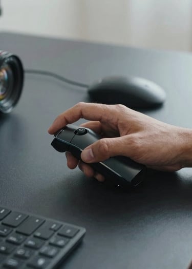 An action shot of an editor's hands using a professional jog-shuttle wheel on a sleek dark navy desk with soft mist lighting.