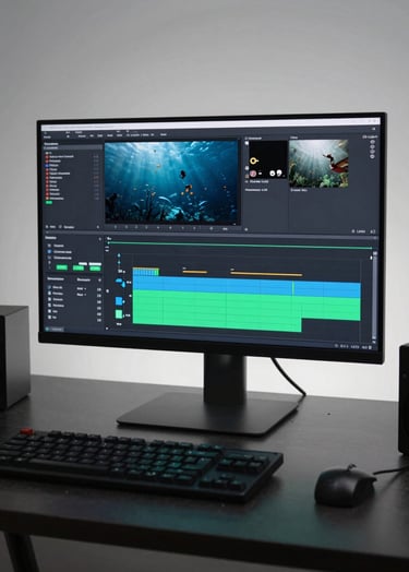A professional video editing suite in a dark room. A high-end monitor displays a complex video timeline with deep ocean slate and seafoam green color bars. The workspace is sleek and professional with soft mist white ambient lighting.