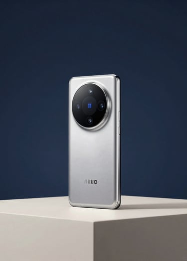 A cinematic still from a high-budget brand commercial. A sleek, silver high-tech device is presented on a pedestal, illuminated by soft off-white lighting against a deep slate blue background. The shot is clean, sophisticated, and perfectly sharp.