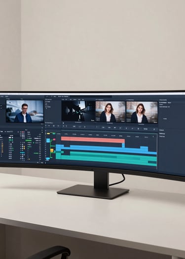 A wide-angle photograph of a modern, minimalist editing suite. A large curved monitor shows a complex video timeline with various audio and video tracks. The room is bathed in soft off-white and deep slate blue light, projecting established professionalism and global reliability.
