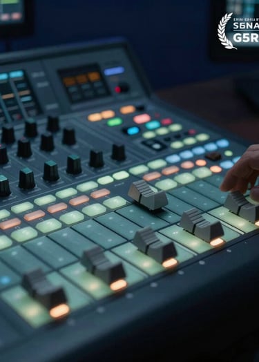 A close-up photograph of a professional video editing console with backlit buttons in muted teal and mist, in a dimly lit dark navy studio.