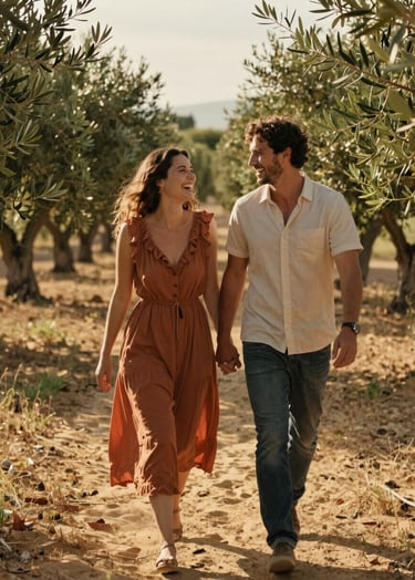 Candid lifestyle photography of a couple laughing and walking together in a sun-drenched olive grove in Southern Italy. The lighting is golden hour, warm and cinematic, emphasizing genuine connection and soft sand and terracotta tones in their clothing.