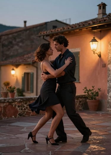 Cinematic photography of a couple dancing slowly on a stone terrace in a Southern European / Italian village at dusk, warm lantern light, soft terracotta tones, intimate atmosphere.