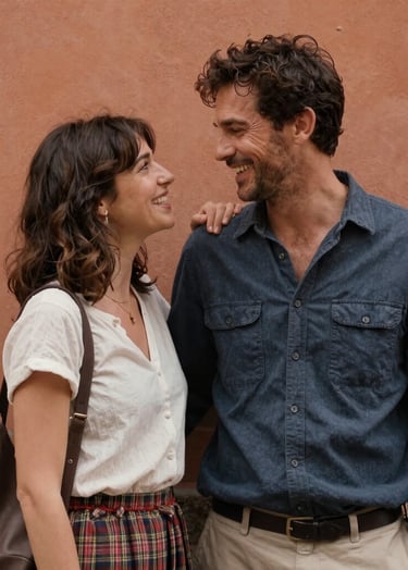Candid medium shot of a man and woman sharing a private joke, standing near a terracotta wall, soft cinematic lighting, Southern European / Italian style attire.