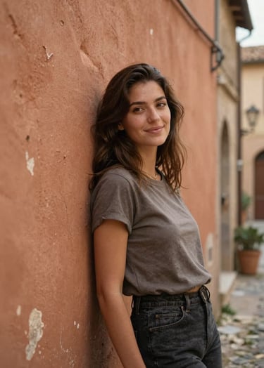 A lifestyle portrait of a young woman leaning against an old terracotta wall in a Southern European / Italian village. She is looking away, smiling naturally. The lighting is soft and warm, highlighting the authentic texture of the surroundings.