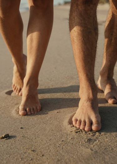Authentic detail shot of a couple's feet walking barefoot on soft sand. The lighting is warm and late-afternoon, creating a cinematic, nostalgic lifestyle mood in a coastal Southern European setting.
