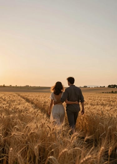 A cinematic shot of a Southern European / Italian couple walking through a golden wheat field at sunset. The atmosphere is warm, sun-drenched, and authentic, with a palette of terracotta and sand colors.