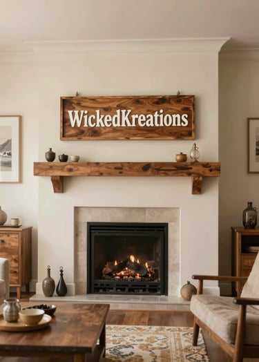 A wide lifestyle shot of a modern, rustic living room featuring a custom WickedKreations wood sign hanging above a fireplace. The sign has a clean, polished look with #4A3D36 accents that contrast beautifully against the #F8F3ED wall.