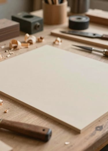 Artistic shot of an artisan's workbench with tools, wood shavings, and a partially finished laser engraving project. Warm earthy tones (#F8F3ED, #D4BEAE) and professional composition.
