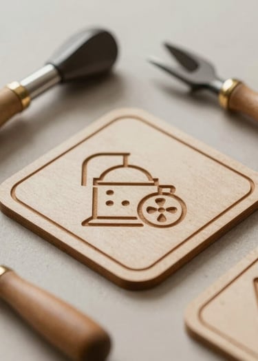 A stylized flat lay of artisan tools and a finished laser-engraved coaster on a light taupe surface, high-end photography style, warm neutral tones.