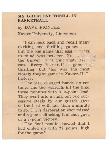 1958-59 Kahn's Wieners Basketball Card Dave Piontek (back)