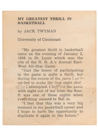 1958-59 Kahn's Wieners Basketball Card Jack Twyman (back)